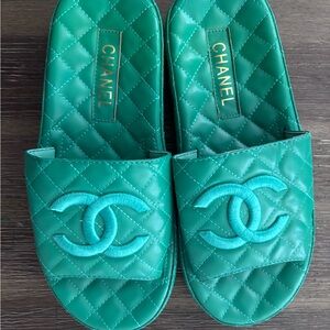 Chanel Green Quilted Slides